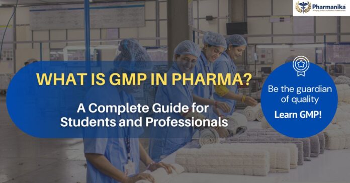 Pharmaceutical professionals ensuring drug safety and quality through Good Manufacturing Practices (GMP) in a clean and controlled laboratory environment.