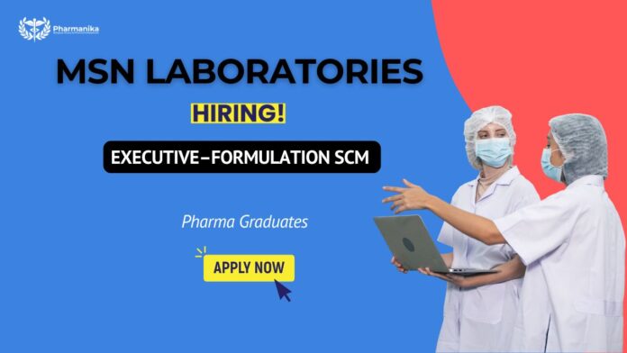 Executive – Formulation SCM job opening highlighting SCM Jobs, Pharma Jobs in Hyderabad, and Pharma Jobs