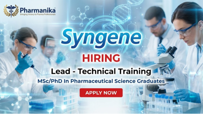Lead Technical Training Job at Syngene ,Pharmaceutical science jobs, Syngene Careers