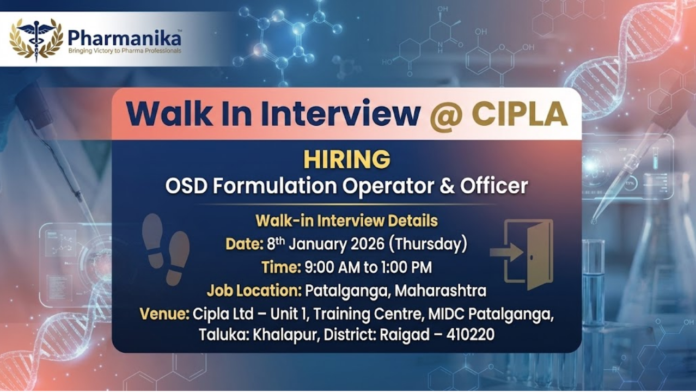 Cipla Walk-in Interview 2026 for D Pharm And B Pharm ,B pharma jobs, Pharmacy jobs