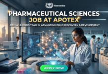 Pharmaceutical Sciences Job Alert – Research Scientist Role at Apotex Bangalore Hiring Now! A realistic and attractive featured image for a pharmaceutical sciences job page, generated in a futuristic laboratory setting. A woman scientist with safety glasses is interacting with a glowing 3D holographic molecular network, which is linked to a computer monitor displaying related data visualizations and labels like 'DRUG-TARGET AFFINITY' and 'BIOAVAILABILITY'. Other scientists are working in the background with advanced laboratory equipment like centrifuges, and a large window looks out onto a city skyline at sunset. The 'biotecnika' logo is prominently displayed at the top center. Below the logo, bold white and gold text reads: "PHARMACEUTICAL SCIENCES JOB AT APOTEX" with the subtitle "JOIN A LEADING TEAM IN ADVANCING DRUG DISCOVERY & DEVELOPMENT". A bright green "APPLY NOW" call-to-action button is positioned at the bottom center.