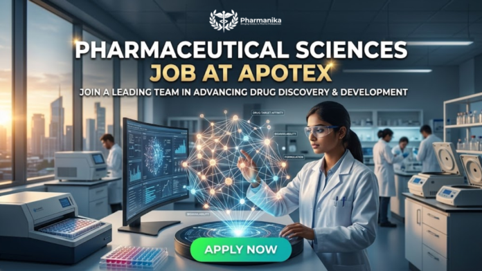 A realistic and attractive featured image for a pharmaceutical sciences job page, generated in a futuristic laboratory setting. A woman scientist with safety glasses is interacting with a glowing 3D holographic molecular network, which is linked to a computer monitor displaying related data visualizations and labels like 'DRUG-TARGET AFFINITY' and 'BIOAVAILABILITY'. Other scientists are working in the background with advanced laboratory equipment like centrifuges, and a large window looks out onto a city skyline at sunset. The 'biotecnika' logo is prominently displayed at the top center. Below the logo, bold white and gold text reads: 