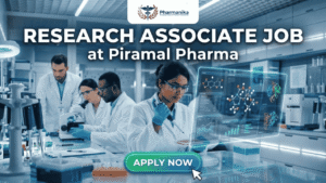 Research Associate Job at Piramal Pharma Research Associate Job at Piramal Pharma. A professional and vibrant featured image for a Research Associate Job at Piramal Pharma. It depicts a focused scientist in a sleek, modern pharmaceutical laboratory working with a digital AR interface showing chemical compounds and data charts. Other researchers are visible in the background. The Biotecnika logo is at the top, and a bright green "Apply now" button with a cursor click icon is at the bottom.
