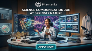 Science Communication Job at Springer Nature Apply Now Science Communication Job at Springer Nature Apply Now. A professional featured image advertisement for a science communication job at Springer Nature, created for Pharmanika. The image depicts a female science communicator in a lab coat with a headset and microphone, working at a modern, tech-focused desk. Multiple monitors display complex scientific visualizations being simplified into clear communication tiles with text like "DNA REPAIR SIMPLIFIED." The scene combines elements of a lab (petri dishes, microscopes) and a media studio (mixer, multiple screens). The bold text "SCIENCE COMMUNICATION JOB AT SPRINGER NATURE" is centered, and an "Apply Now" button is at the bottom.