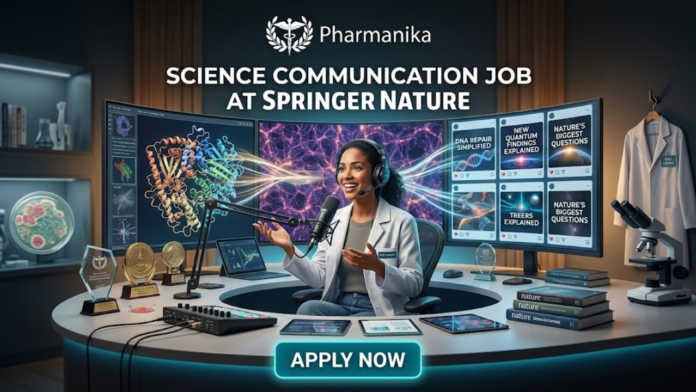 Science Communication Job at Springer Nature Apply Now. A professional featured image advertisement for a science communication job at Springer Nature, created for Pharmanika. The image depicts a female science communicator in a lab coat with a headset and microphone, working at a modern, tech-focused desk. Multiple monitors display complex scientific visualizations being simplified into clear communication tiles with text like 