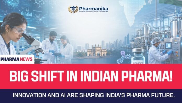 Indian pharmaceutical industry transforming with AI in pharma, biotech innovation, advanced drug discovery, and futuristic healthcare technology in India.