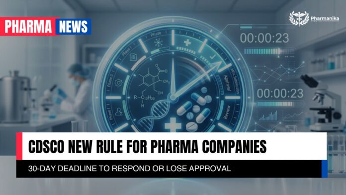 CDSCO New Rule 2026 showing 30-day deadline for drug approval queries in India pharma regulatory process