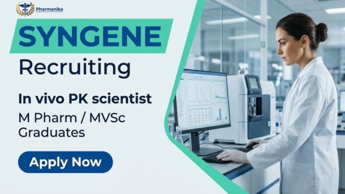 Syngene In Vivo PK Scientist job recruitment 2026 for M.Pharm Pharmacology candidates