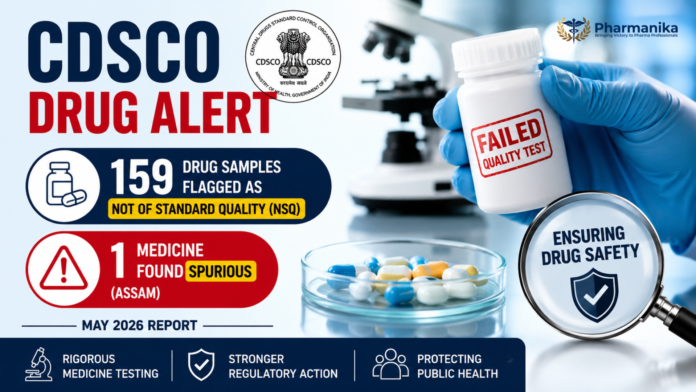 CDSCO Drug Alert highlighting 159 NSQ drug samples and one spurious drug identified during medicine testing in May 2026.