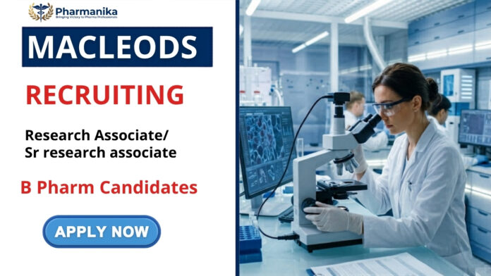 Pharma Research Job at Macleods for Research Associate roles in Analytical Method Development, HPLC method development, and stability testing