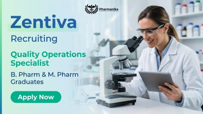 Pharma QC Job at Zentiva featuring a quality operations specialist managing product quality reviews, compliance, stability data, and quality systems