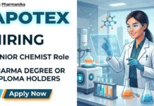 Pharma Job at Apotex | Apply Online For Junior Chemist Position Pharma Job at Apotex for Junior Chemist Production Operations role in pharmaceutical manufacturing and GMP-compliant production processes