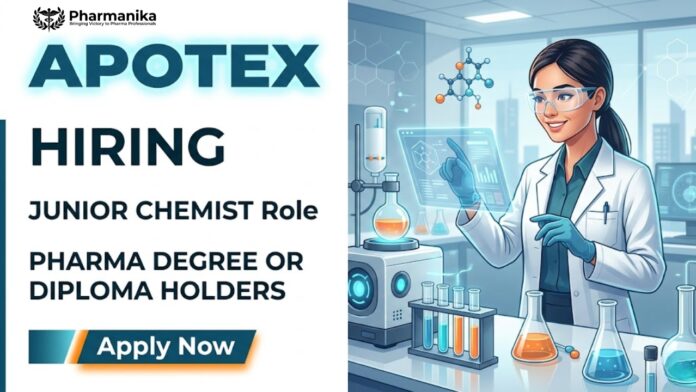 Pharma Job at Apotex for Junior Chemist Production Operations role in pharmaceutical manufacturing and GMP-compliant production processes