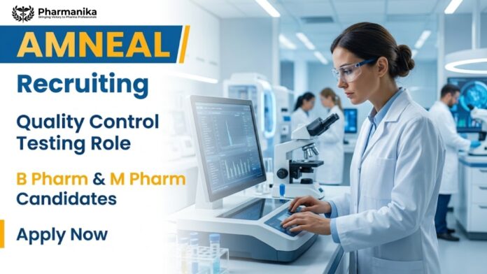 Pharma QC Job professional performing analytical testing, quality control analysis, and GMP-compliant laboratory testing at Amneal.