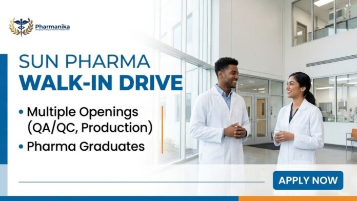 Sun Pharma Walk-In Drive 2026 for Pharma Job openings for B.Pharm, M.Pharm candidates