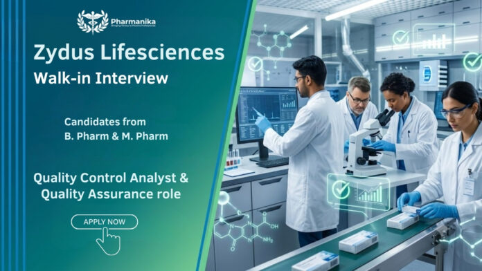 Zydus Lifesciences Pharma QA QC Job featuring quality assurance and quality control professionals in a pharmaceutical manufacturing facility