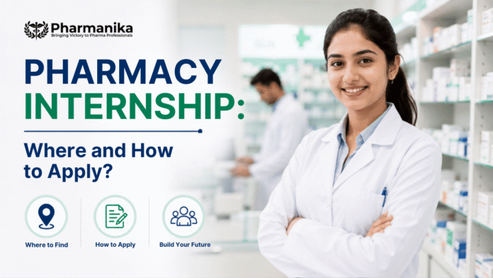 Pharmacy internship guide showing a pharmacy student in a professional setting, highlighting where to find internships, how to apply, and build a pharmacy career.