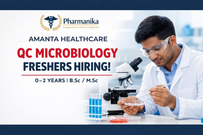 Amanta Healthcare QC Microbiology Freshers | 0–2 Yrs B.Sc/M.Sc Micro/Biotech Amanta Healthcare QC Microbiology Freshers | 0–2 Yrs B.Sc/M.Sc Micro/Biotech