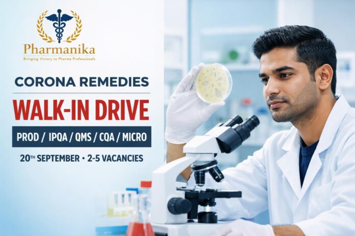 Walk-In Prod IPQA QMS CQA QC Micro at Corona Remedies Bavla | 20 Sep